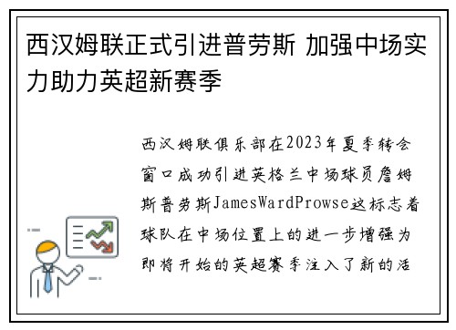 西汉姆联正式引进普劳斯 加强中场实力助力英超新赛季